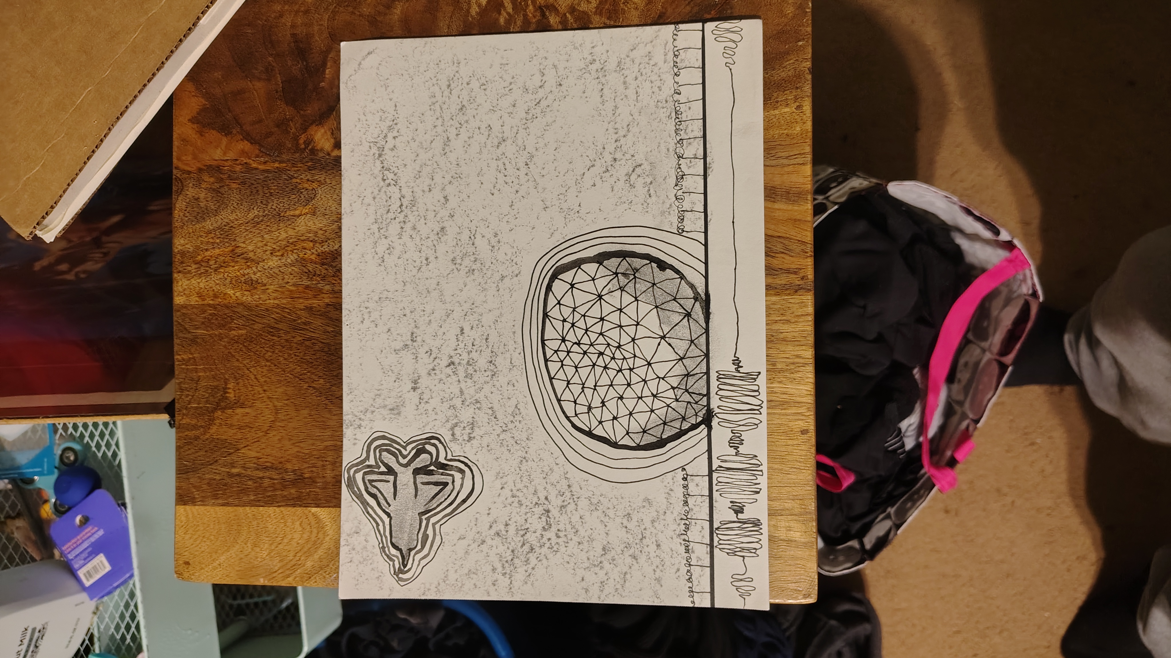 Graphite drawing of a geodesic dome and a fighter jet
